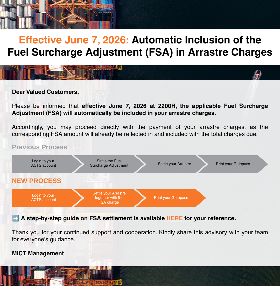 Advisory Effective June 7, 2026: Automatic Inclusion of the Fuel Surcharge Adjustment (FSA) in Arrastre Charges